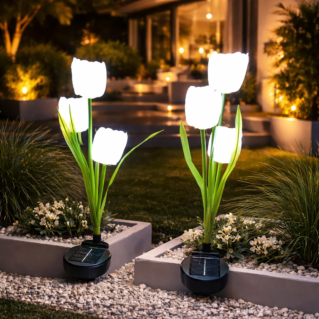 Set 2 lampi solare tip floare Lalea, iluminare exterior gradina, lumina alba