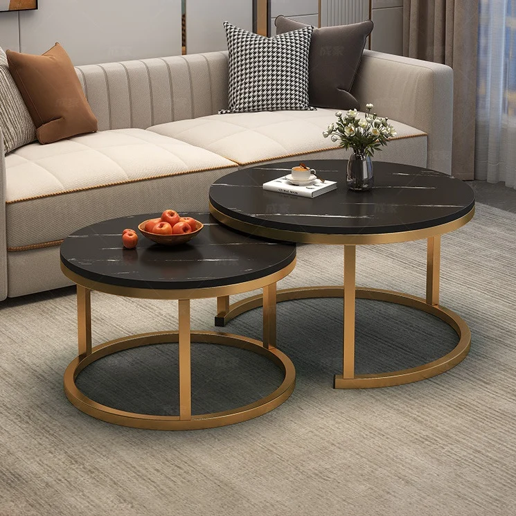 Set 2 Masute de Cafea Rotunde, Design Modern, Imitatie Marmura/Lemn, Picioare Metalice, pentru Living, Dormitor, Balcon [14]