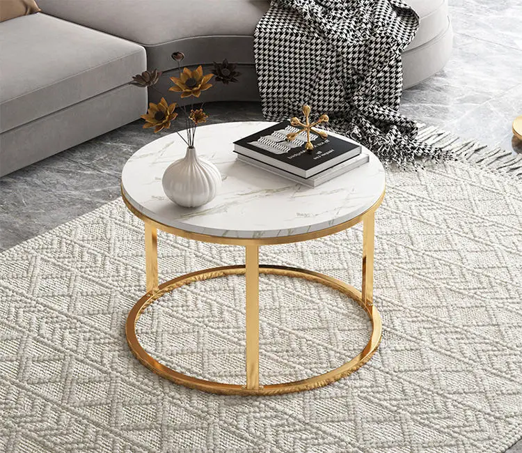 Set 2 Masute de Cafea Rotunde, Design Modern, Imitatie Marmura/Lemn, Picioare Metalice, pentru Living, Dormitor, Balcon [4]