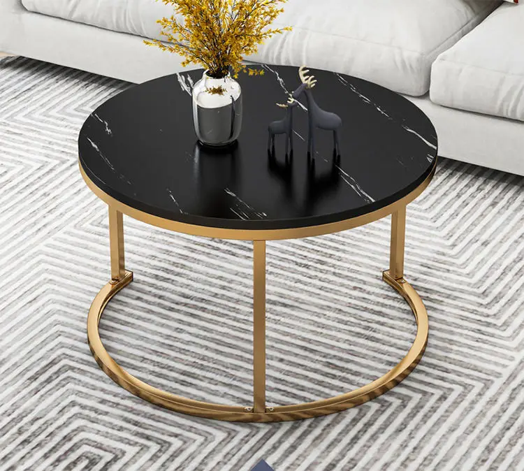 Set 2 Masute de Cafea Rotunde, Design Modern, Imitatie Marmura/Lemn, Picioare Metalice, pentru Living, Dormitor, Balcon [9]