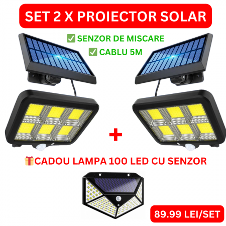 Set 2 x Proiector Solar 120 LED cu Senzor de Miscare + Cadou Lampa 100 LED