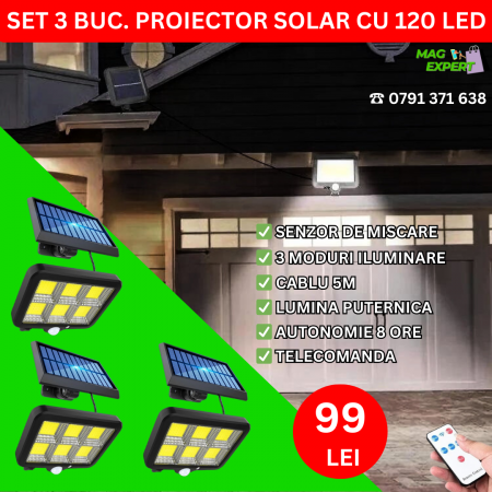 LAMPI SOLARE - Set 3 x Proiector Solar 120 LED cu Senzor de Miscare si Telecomanda