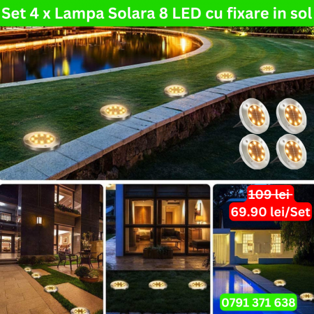 LAMPI SOLARE - Set 4 x Lampa Solara 8 LED cu fixare in sol, Lumina calda