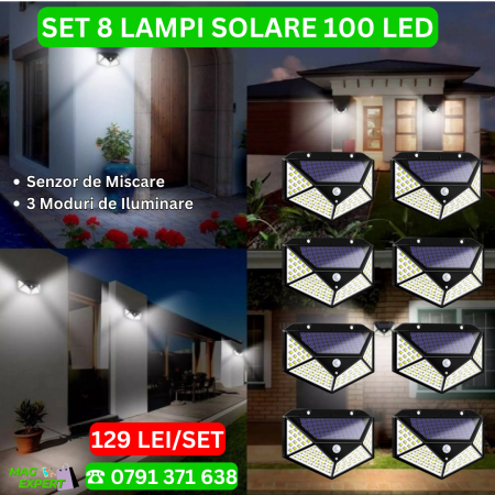 LAMPI SOLARE - Set 8 Lampi solare cu 100 LED, Senzor de Miscare, 3 Moduri Iluminare