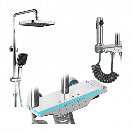 Set Baterie cu Coloana de Dus, Dus tip Ploaie, Termostat, Curgere apa in 4 moduri, Crom