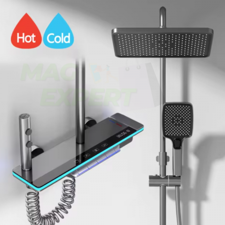 TOATE PRODUSELE - Set Baterie de Dus cu Afisaj Digital si Iluminare LED, 4 Moduri de Curgere a apei, Premium, Gri/Alb