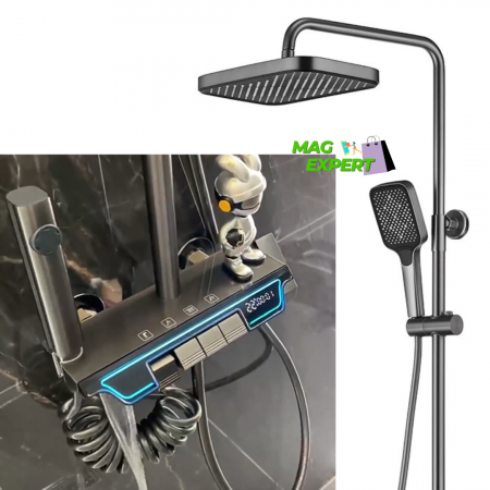 TOATE PRODUSELE - Set Baterie de Dus cu Termostat, afisaj digital, lumina LED ambientala, 4 functii, taste de pian, cap dus dreptunghiular, efect de ploaie, inaltime reglabila