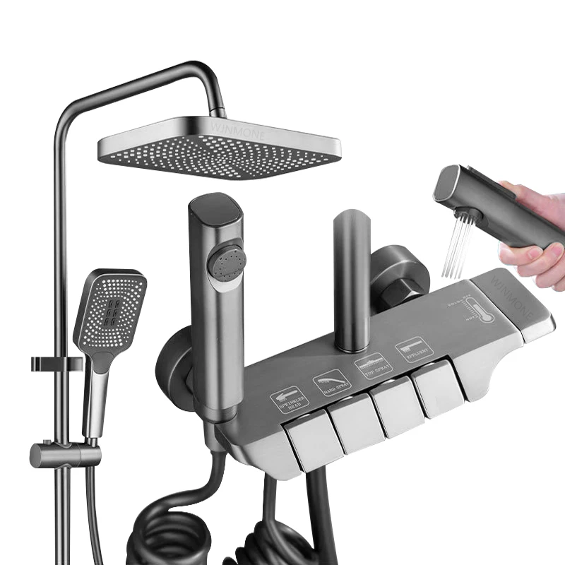 TOATE PRODUSELE - Set Baterie si Coloana de dus tip ploaie, 4 moduri de curgere a apei, Crom Satinat