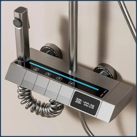 Set Baterie si Coloana de dus tip ploaie, Lumini LED, Afisaj Temperatura, 4 moduri de curgere a apei, Crom Satinat [6]