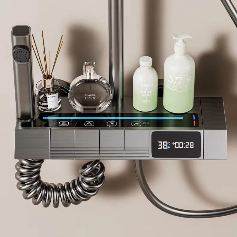 Set Baterie si Coloana de dus tip ploaie, Lumini LED, Afisaj Temperatura, 4 moduri de curgere a apei, Crom Satinat [1]