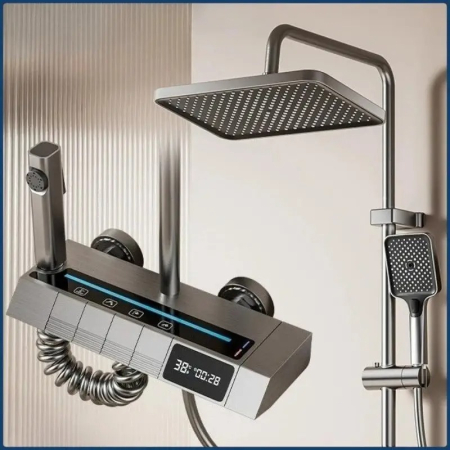 Set Baterie si Coloana de dus tip ploaie, Lumini LED, Afisaj Temperatura, 4 moduri de curgere a apei, Crom Satinat