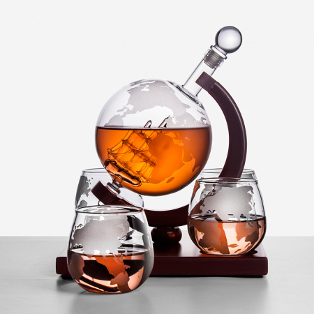 Set Cadou Decantor Glob Pamantesc Premium,cu 4 pahare si suport de lemn [10]