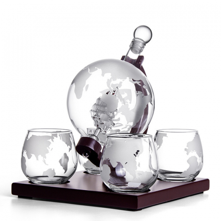 Set Cadou Decantor Glob Pamantesc Premium,cu 4 pahare si suport de lemn [11]