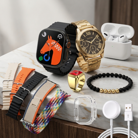 TOATE PRODUSELE - Set de Cadou Ceas Smartwatch + Ceas clasic, Casti, Bratara, Inel, pentru Barbati
