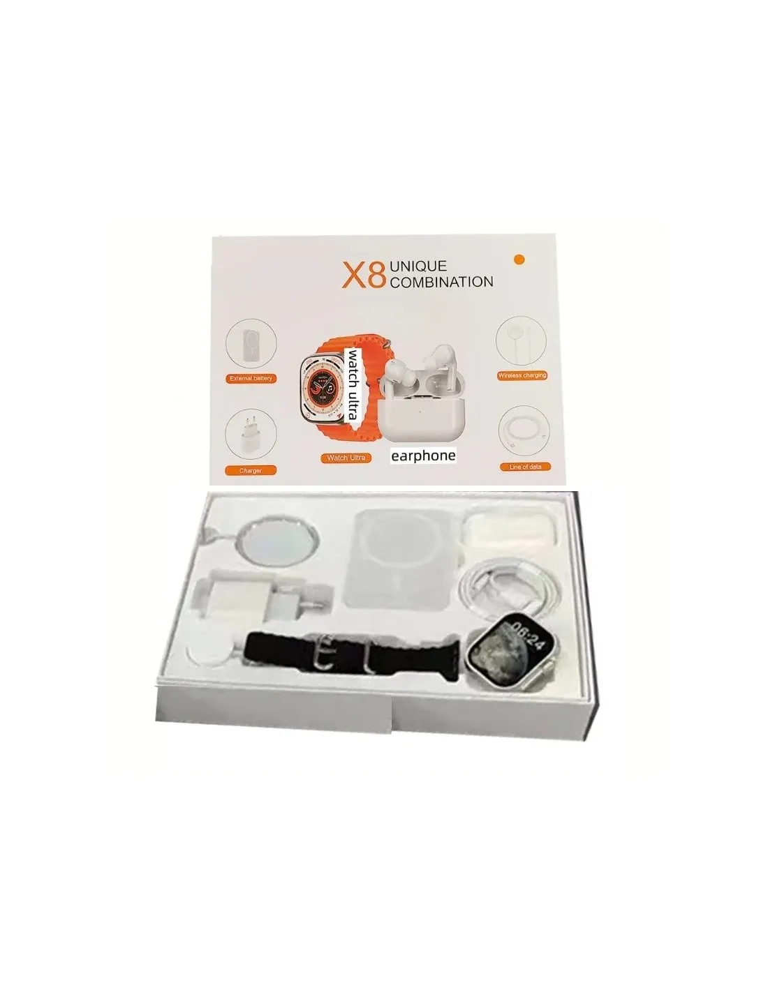 Set Ceas SmartWatch X8, Casti Wireless, Incarcator Wireless, Conectivitate Android/Ios, silicon, portocaliu, 8 accesorii, [1]