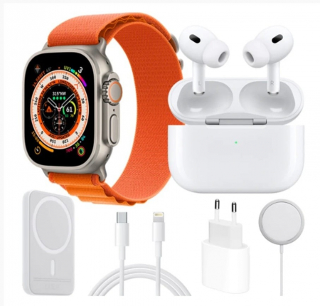 Set Ceas SmartWatch X8, Casti Wireless, Incarcator Wireless, Conectivitate Android/Ios, silicon, portocaliu, 8 accesorii,