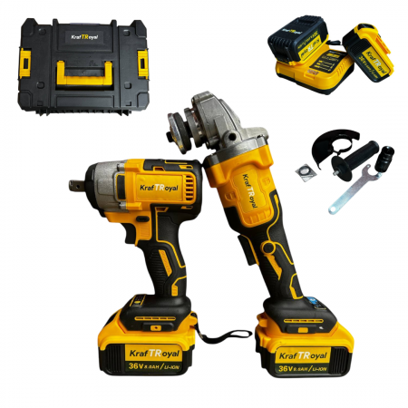 TOATE PRODUSELE - Set Cheie cu Impact + Flex / Polizor Unghiular, KraftRoyal, cu 2 Acumulatori 36V 8AH, fara perii