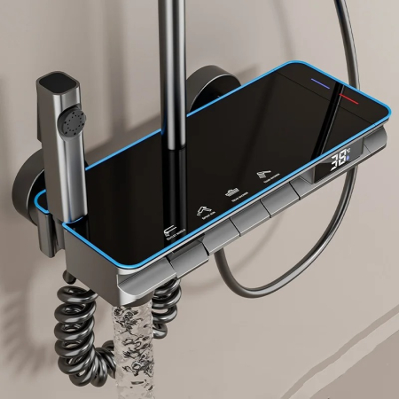 Set Coloana Baterie Dus cu Afisaj Electronic si Lumini LED, 4 Moduri de Curgere a apei, Premium, Negru cu Gri [1]