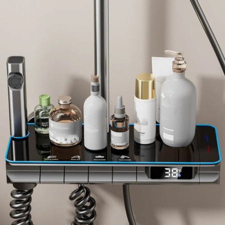 Set Coloana Baterie Dus cu Afisaj Electronic si Lumini LED, 4 Moduri de Curgere a apei, Premium, Negru cu Gri [3]