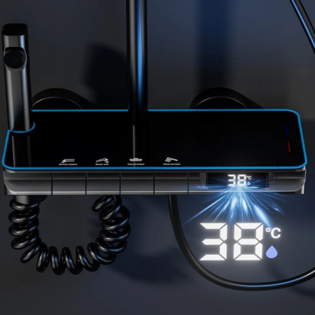 Set Coloana Baterie Dus cu Afisaj Electronic si Lumini LED, 4 Moduri de Curgere a apei, Premium, Negru cu Gri [2]
