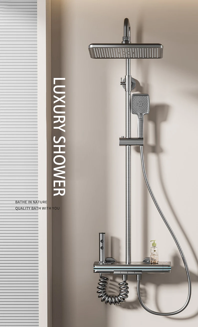 Set Coloana Baterie Dus cu Afisaj Electronic si Lumini LED, 4 tipuri de Curgere a apei, Premium, Gri [5]