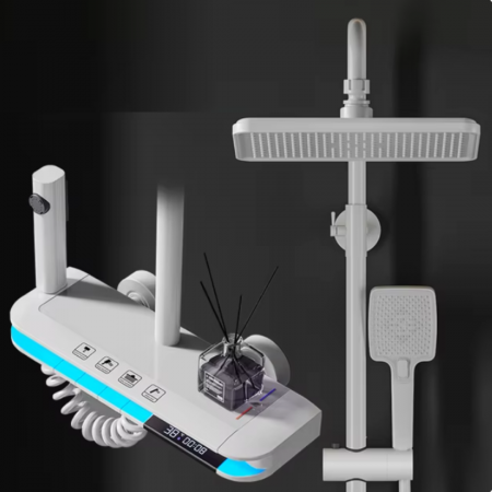 TOATE PRODUSELE - Set Coloana de Dus cu Iluminare LED si Termostat, Dus tip Ploaie, curgere apa in 4 moduri, Cupru, Alb