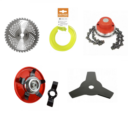 TOATE PRODUSELE - Set consumabile motocoasa 6 piese, disc 230x40T vidia, disc curatat teren, lama 3T 255, tambur cu lant drujba si fir 2.4mm x 12m