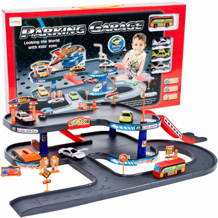 TOATE PRODUSELE - Set de Joaca complex cu sosele si pod pentru masinute, Include 3 masini, autobuz, Spalatorie, Benzinarie, Statie de reparatii