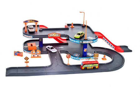 Set de Joaca complex cu sosele si pod pentru masinute, Include 3 masini, autobuz, Spalatorie, Benzinarie, Statie de reparatii [1]