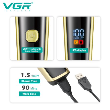 Set de Tuns si Ingrijire Barbati 3 in 1 VGR, Turbo, Display LED, 3 Capete, Autonomie 90 Minute, Auriu, V-366 [8]