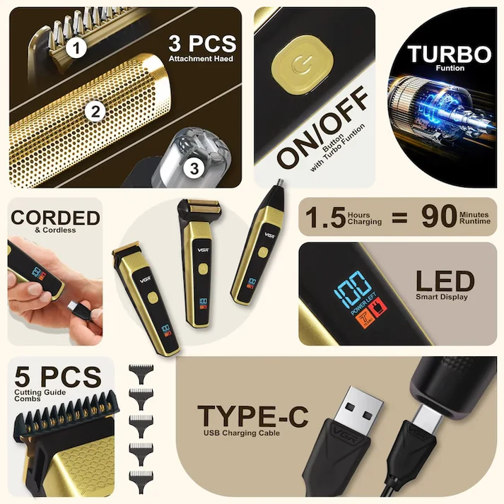Set de Tuns si Ingrijire Barbati 3 in 1 VGR, Turbo, Display LED, 3 Capete, Autonomie 90 Minute, Auriu, V-366 [5]