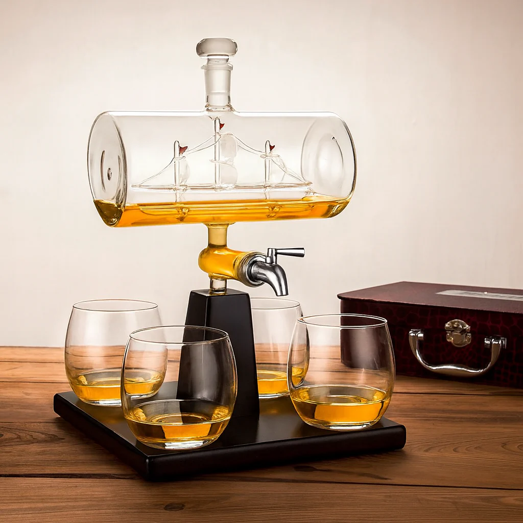 Set Decantor Whisky sub forma de corabie cu suport de lemn si 4 pahare, 1100ml [1]