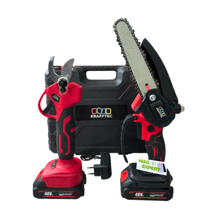 SCULE SI UNELTE - Set Foarfeca + MiniDrujba cu Sistem Ungere Lant, cu 2 Acumulatori 48V 6AH, Trusa Depozitare Inclusa