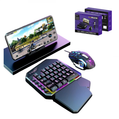 TOATE PRODUSELE - Set Gaming 5 in 1 Plug And Play pentru Jocuri Mobile si PC: Tastatura RGB, mouse DPI ajustabil, converter Bluetooth compatibil Android/IOS
