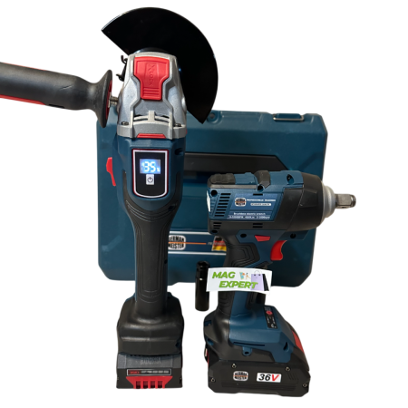 Set German Meister Polizor Unghiular / Flex + Masina de insurubat cu Impact, cu 2 Acumulatori 36V 8Ah, Afisaj electronic baterie [1]