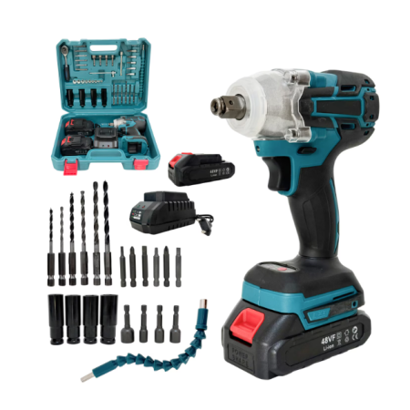 Set Masina de insurubat cu Impact cu 2 Acumulatori 48V + 40 Accesorii si Trusa chei tubulare cu clichet 40 piese [10]