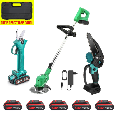 Set Motocoasa, Foarfeca, MiniDrujba cu 5 Acumulatori 48V, 3 Incarcatoare, Accesorii Incluse, Trusa Depozitare [0]