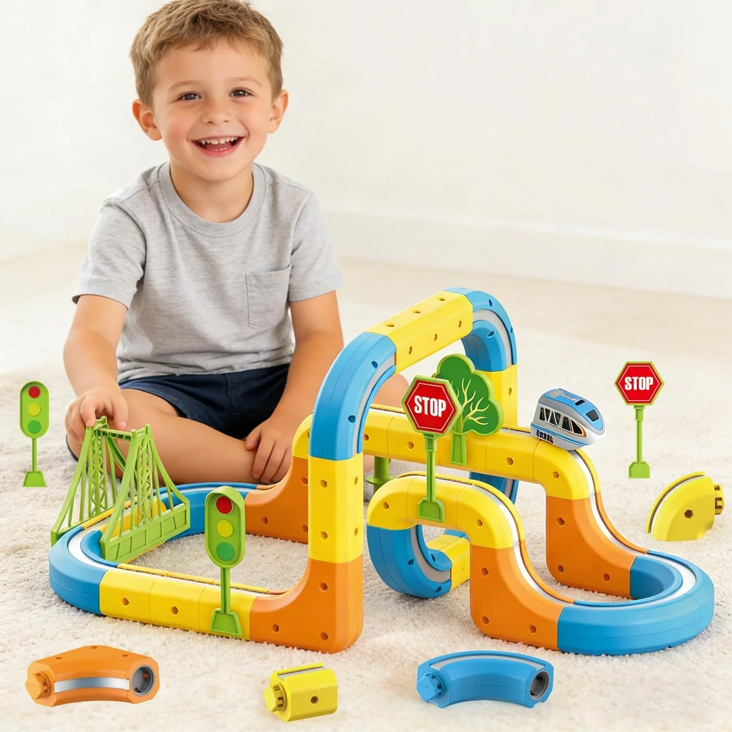 Set trenulet electric cu pistă modulara si accesorii, circuit feroviar educativ pentru copii, 55 piese [4]