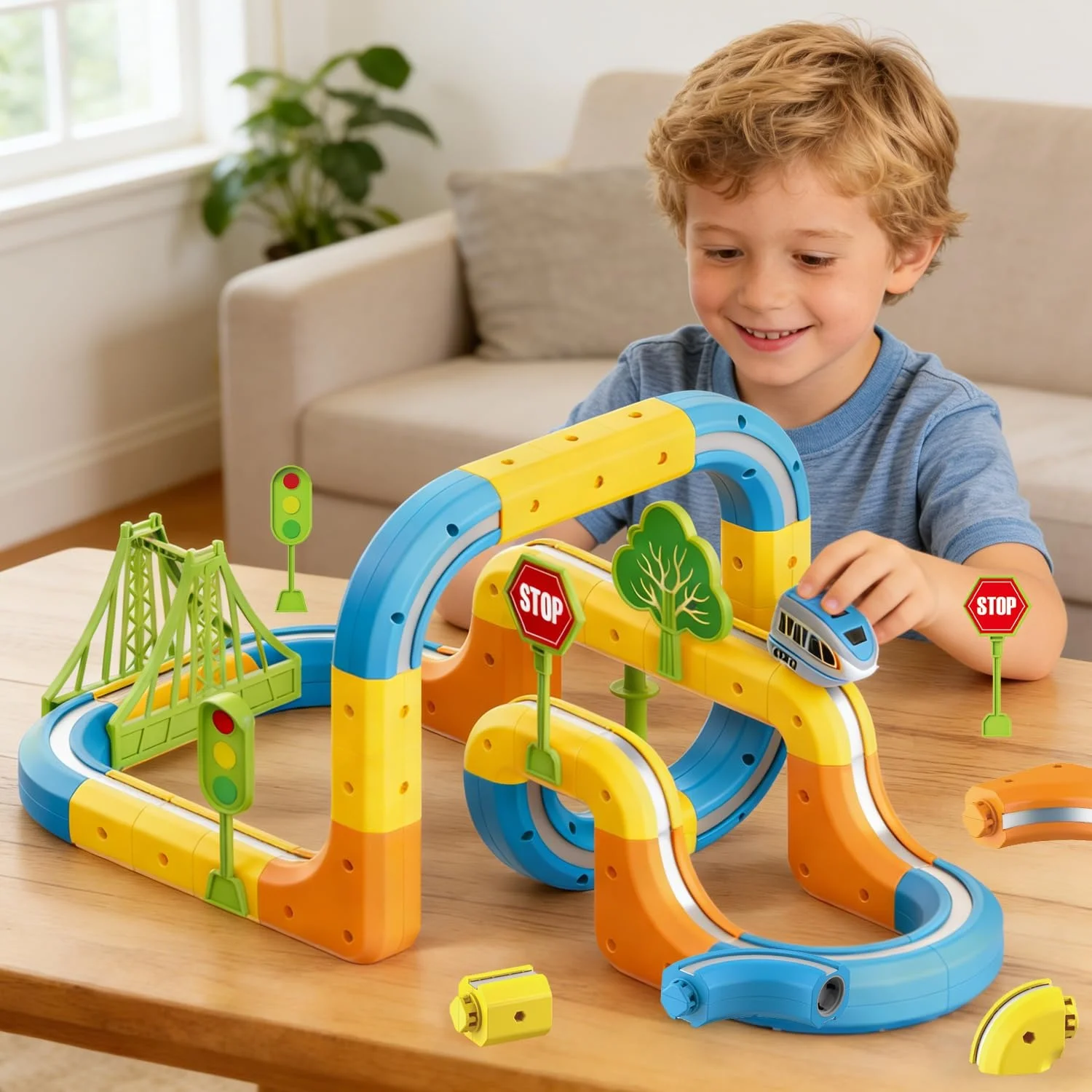 Set trenulet electric cu pistă modulara si accesorii, circuit feroviar educativ pentru copii, 55 piese [1]