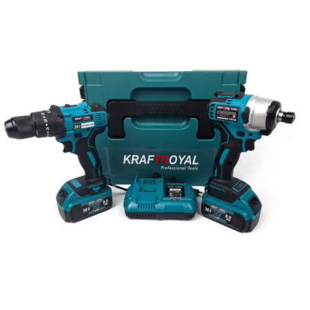 TOATE PRODUSELE - Set Trusa Bormasina Si Masina de insurubat cu Impact KraftRoyal, 2 Acumulatori 36V 8Ah