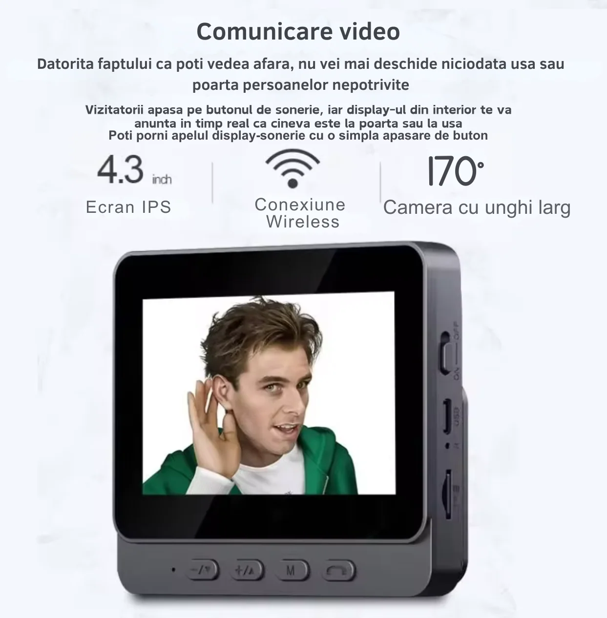Sonerie Video Smart Wireless, Ecran IPS 4.3 inch, Night Vision, Infrarosu, Interfon Video HD, 8MP, comunicare bidirectionala, unghi de vizualizare 170°, acumulatori incorporati [1]