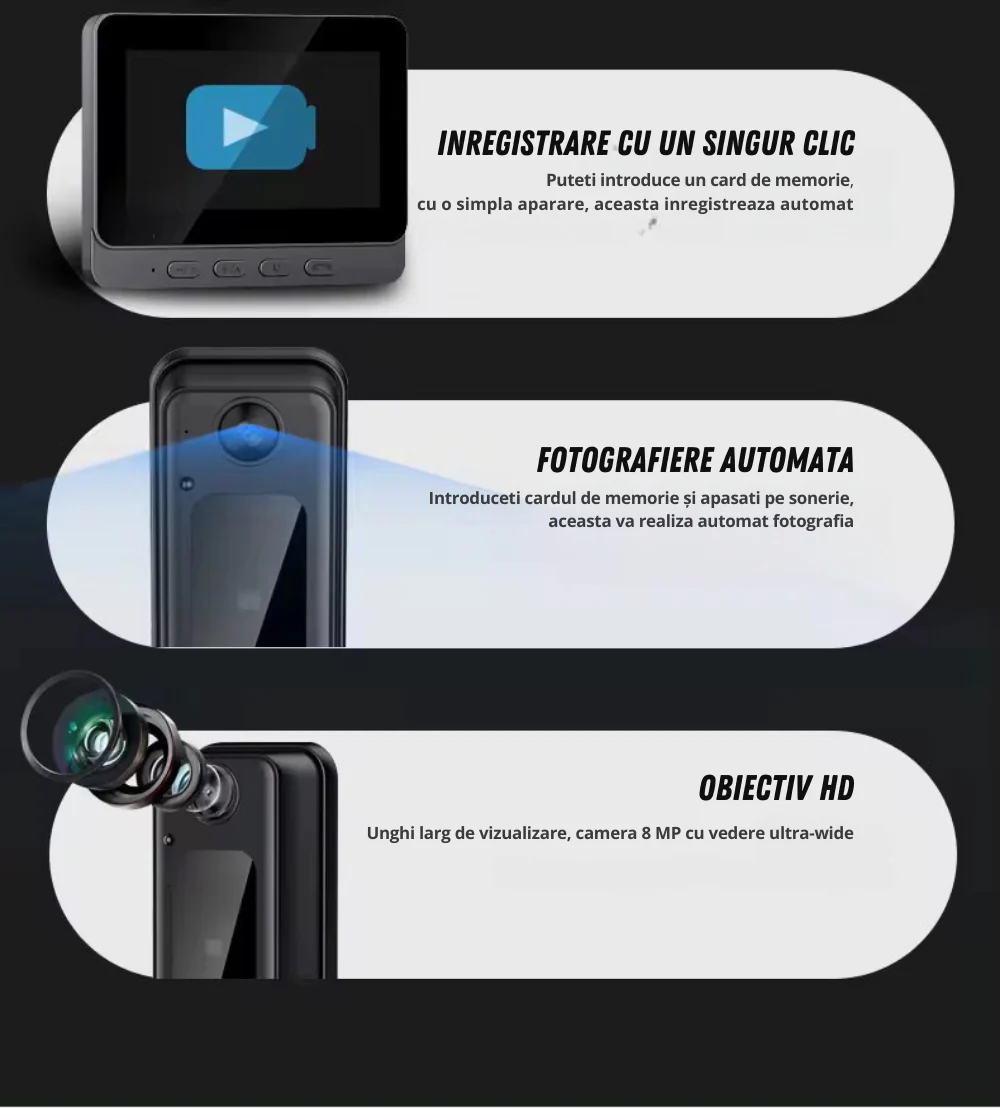 Sonerie Video Smart Wireless, Ecran IPS 4.3 inch, Night Vision, Infrarosu, Interfon Video HD, 8MP, comunicare bidirectionala, unghi de vizualizare 170°, acumulatori incorporati [6]