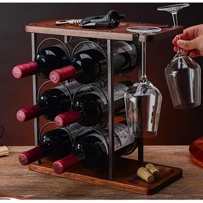 TOATE PRODUSELE - Suport din lemn pentru 6 sticle de vin si 2 pahare, ideal cadou barbati