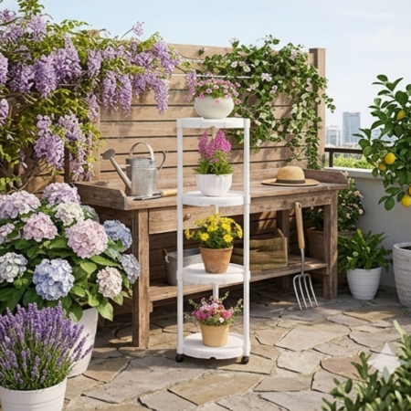 Suport flori 4 nivele cu roti, 132 cm, suport plante vertical pentru balcon, terasa, interior/exterior [2]