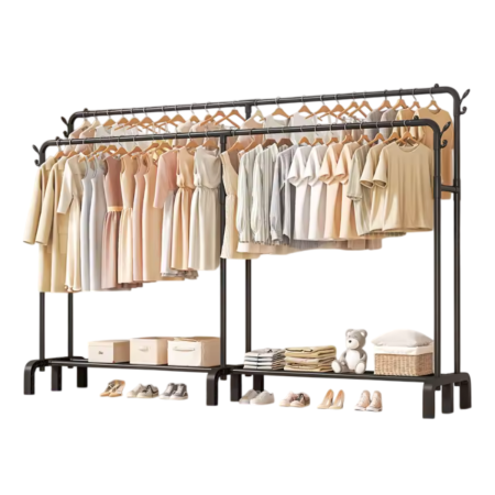 Suport haine dublu metalic 190x159x40 cm, organizator umerase si suport pantofi, negru, capacitate mare [0]