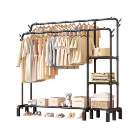 Suport haine dublu metalic cu rafturi si suport pantofi, 159x159x40 cm, organizator garderoba si umerase, negru, capacitate mare