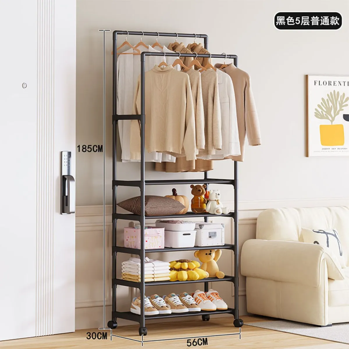 Suport haine multifunctional cu 5 rafturi si bara umerase, cu roti, 185x56x30 cm, organizator haine si depozitare [2]
