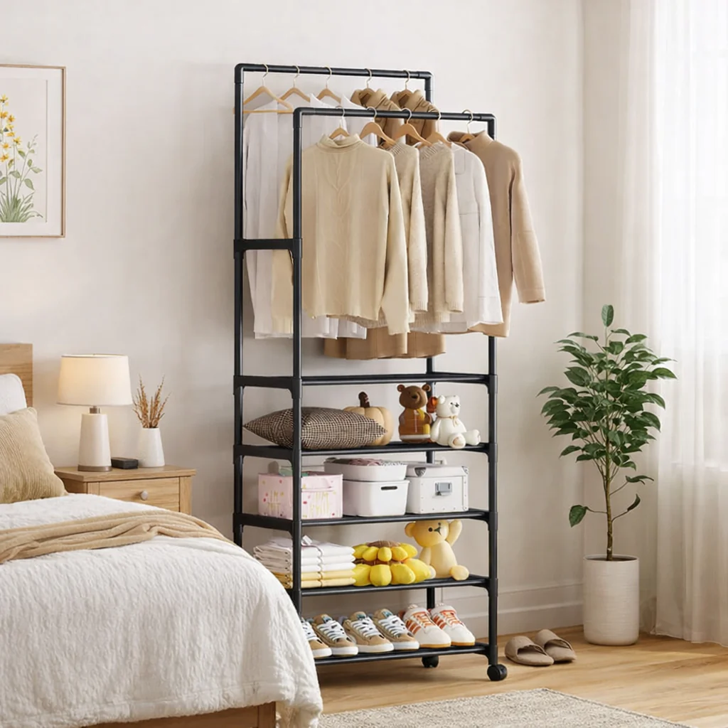 Suport haine multifunctional cu 5 rafturi si bara umerase, cu roti, 185x56x30 cm, organizator haine si depozitare [4]