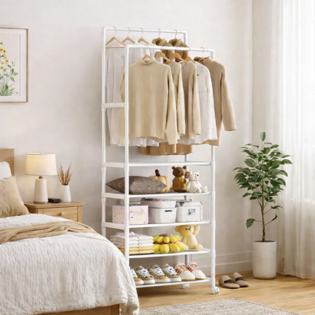 Suport haine multifunctional cu 5 rafturi si bara umerase, cu roti, 185x56x30 cm, organizator haine si depozitare [5]