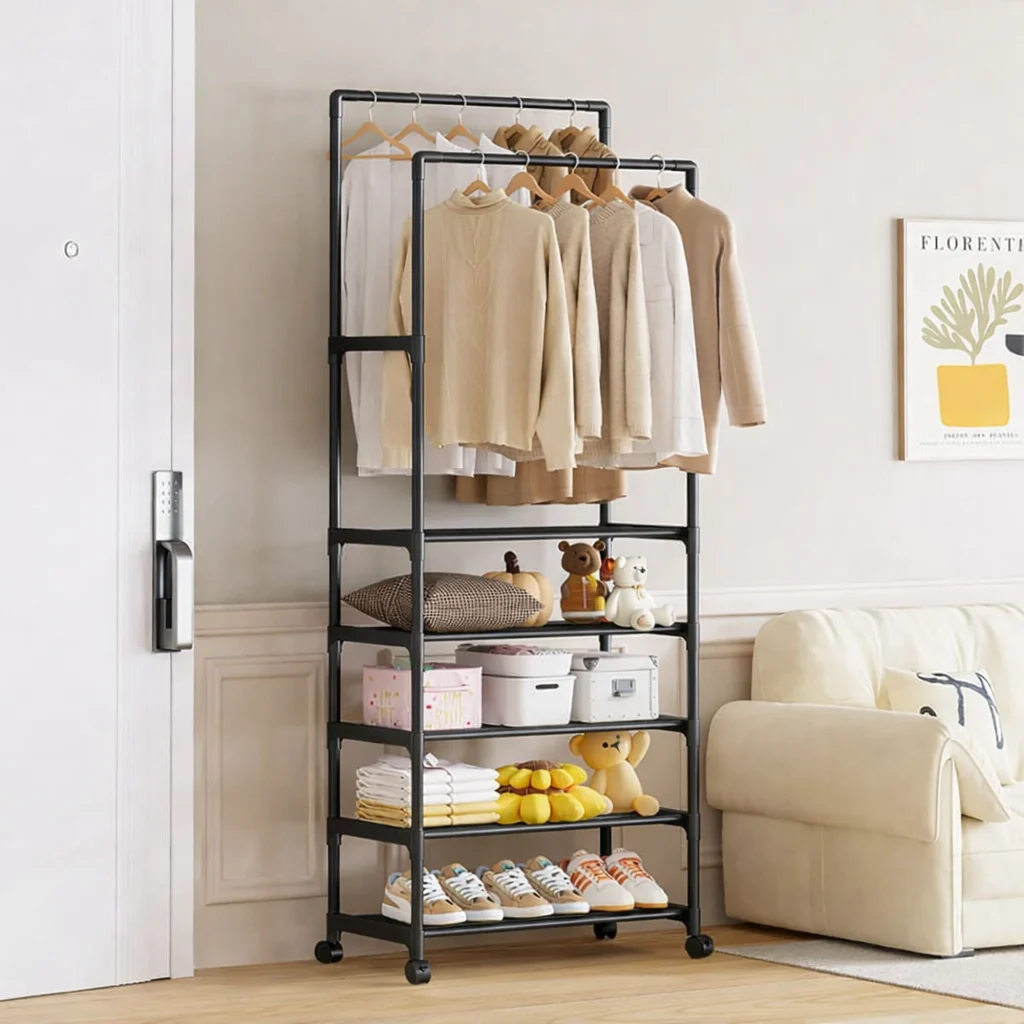 Suport haine multifunctional cu 5 rafturi si bara umerase, cu roti, 185x56x30 cm, organizator haine si depozitare